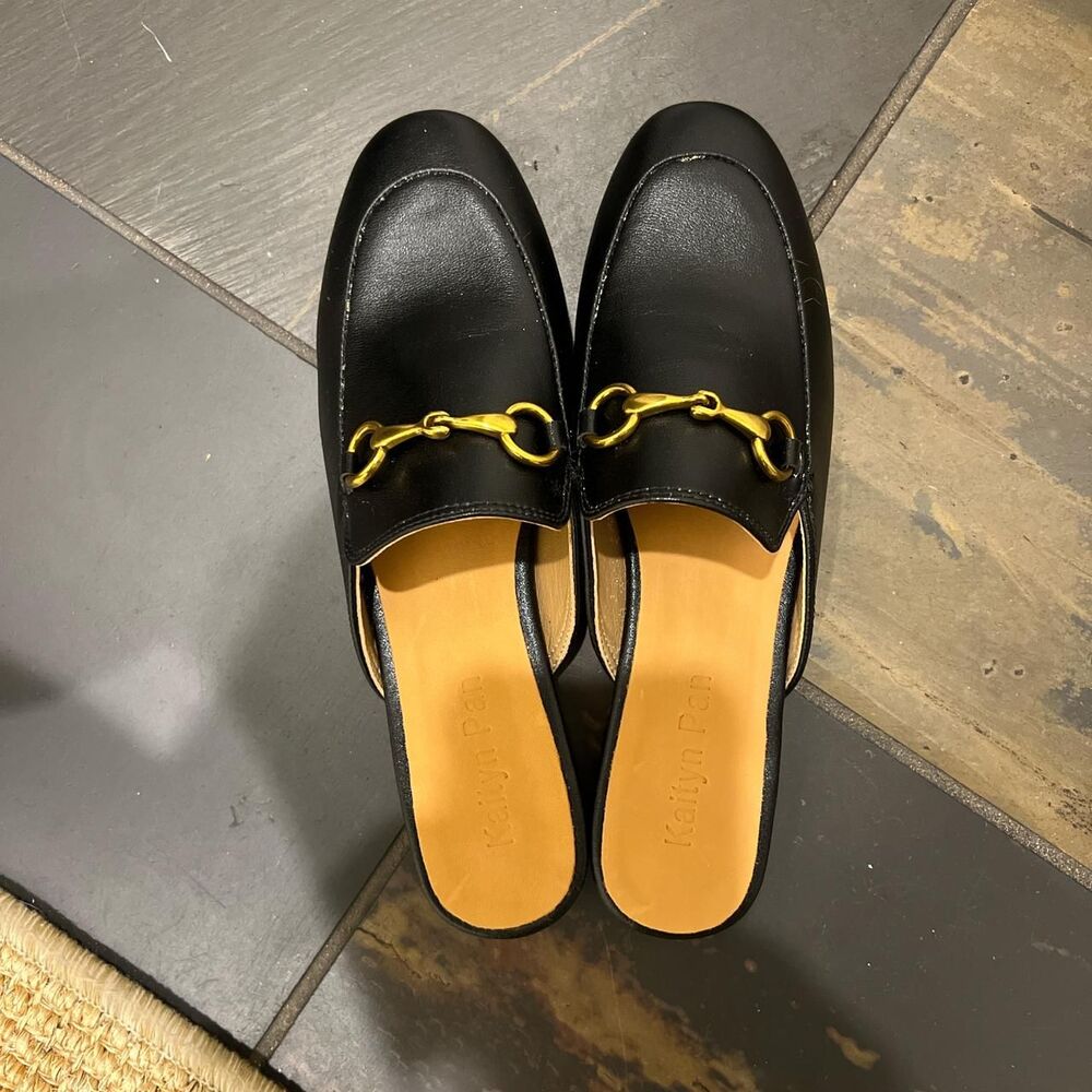 Kaitlyn Pan leather buckle black loafer mules